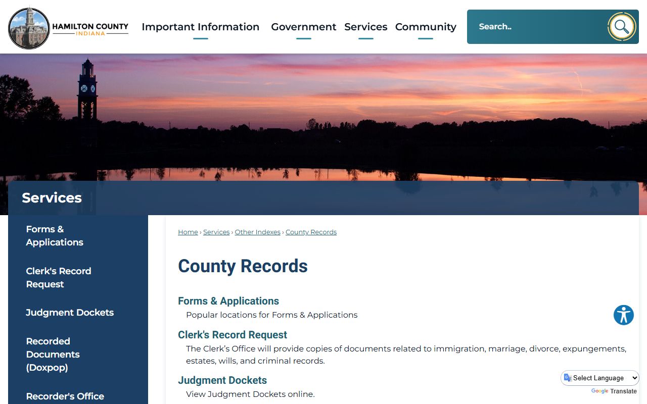 Hamilton County records page linking court records and clerk requests