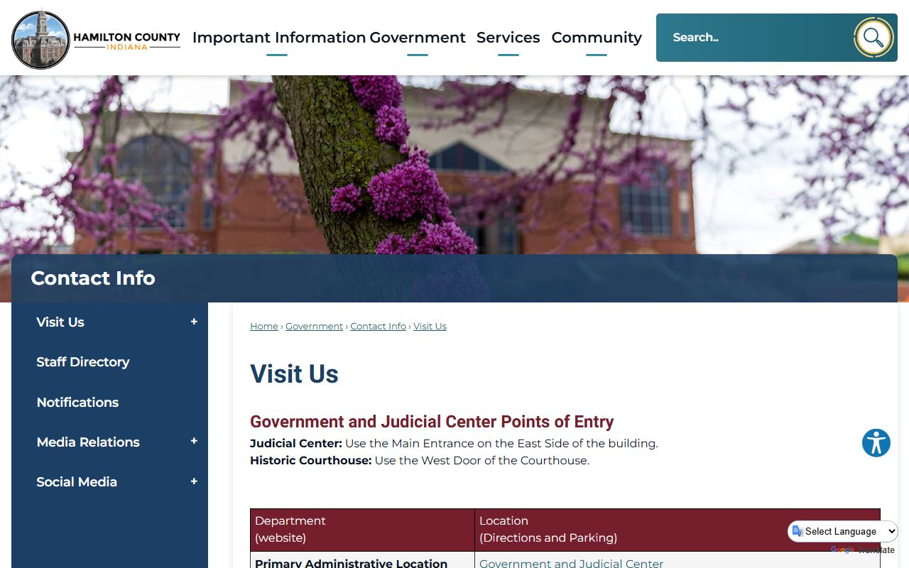 Hamilton County court building entry points on the Visit Us page