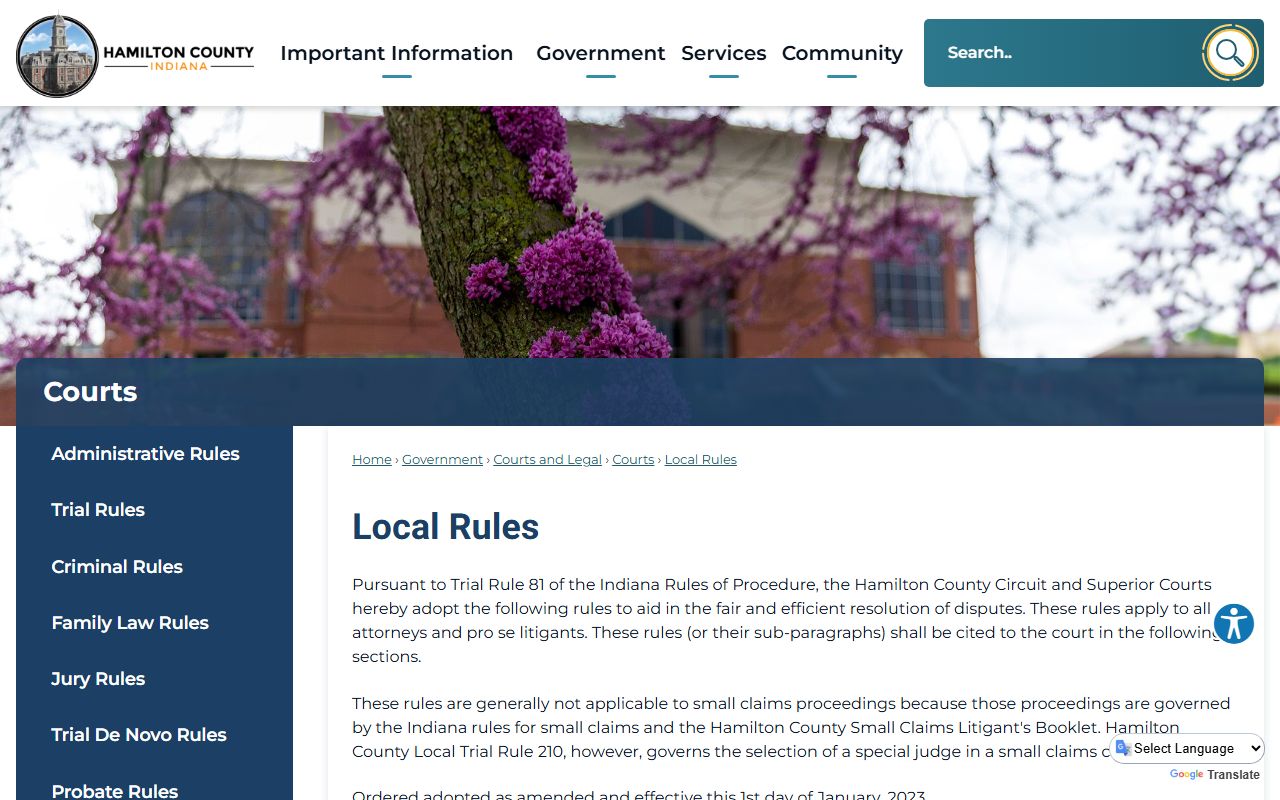 Hamilton County Local Rules page governing court dockets