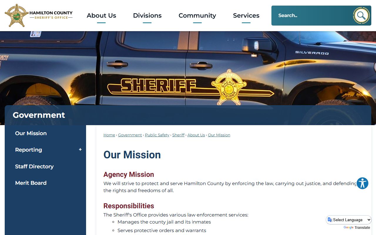 Hamilton County Sheriff mission page covering the jail