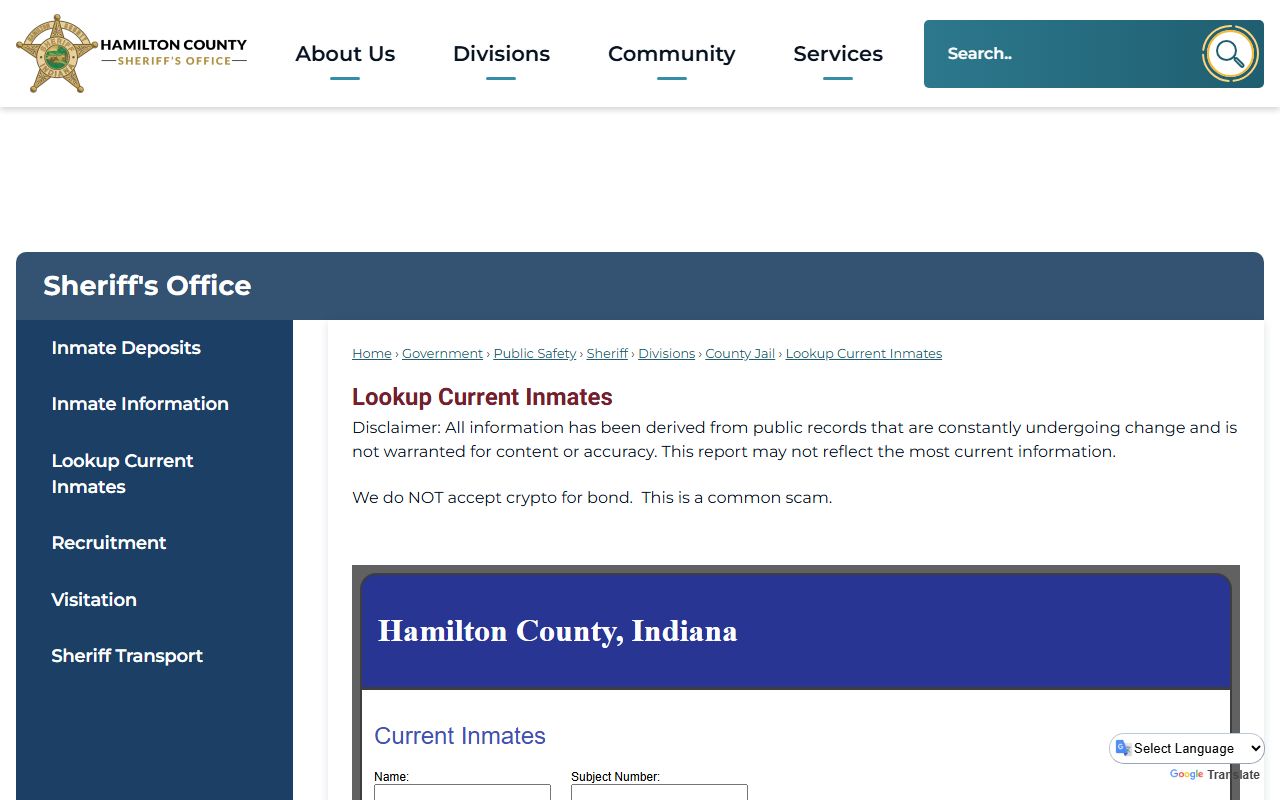 Hamilton County current inmates lookup page with roster disclaimer
