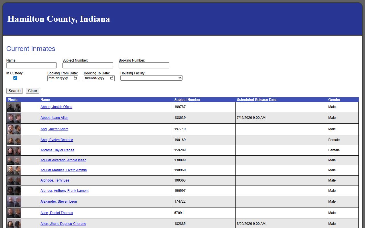 Hamilton County direct inmate search application fields