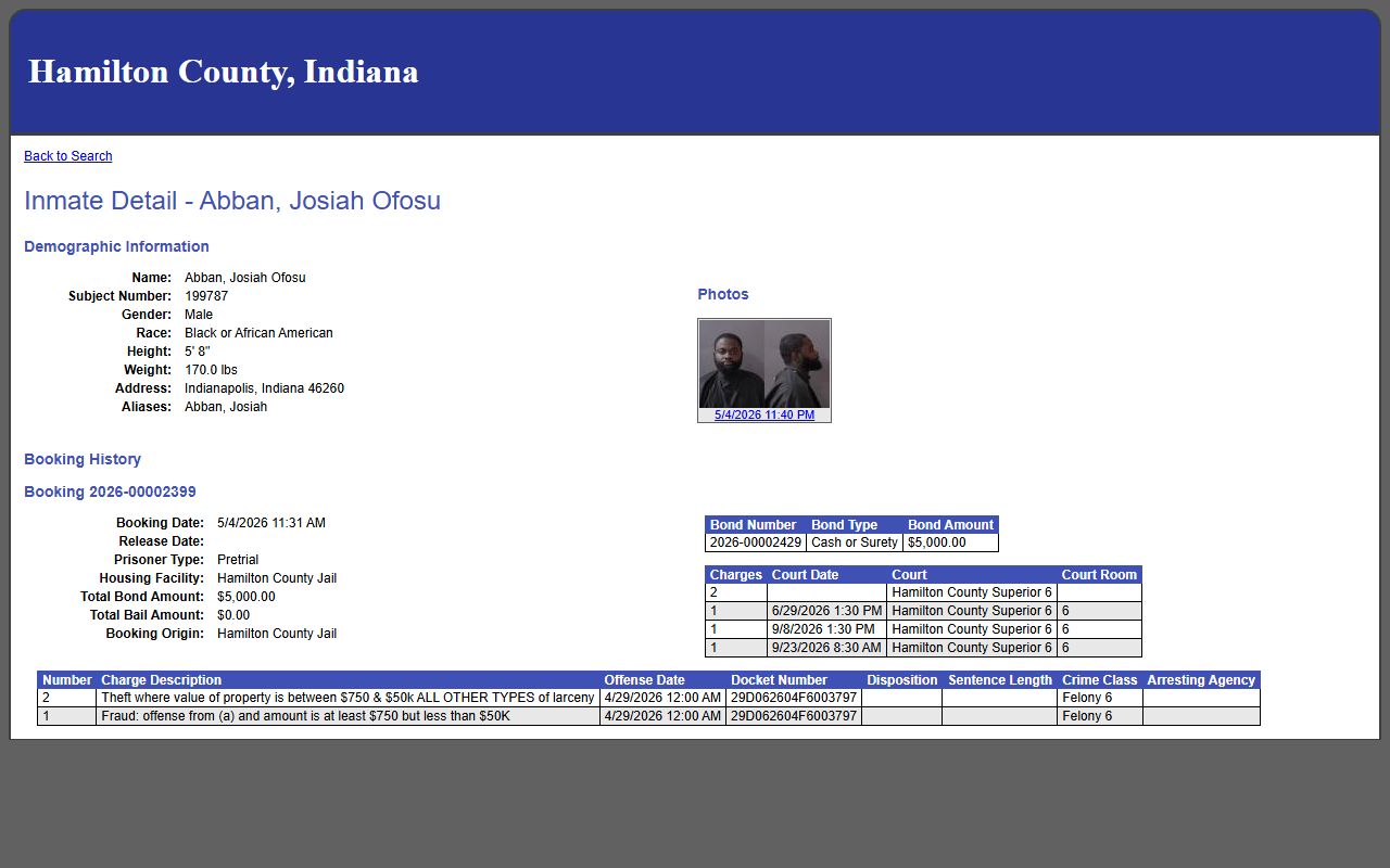 Sample Hamilton County inmate profile showing booking fields