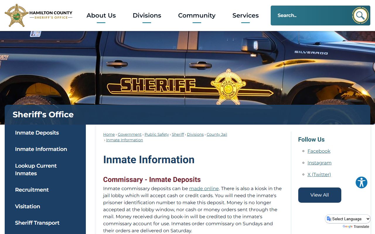 Hamilton County jail inmate information page on funds and mail
