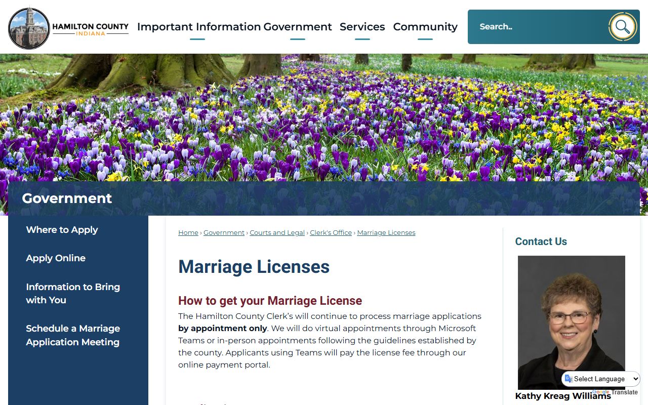 Hamilton County marriage license page with fees and steps