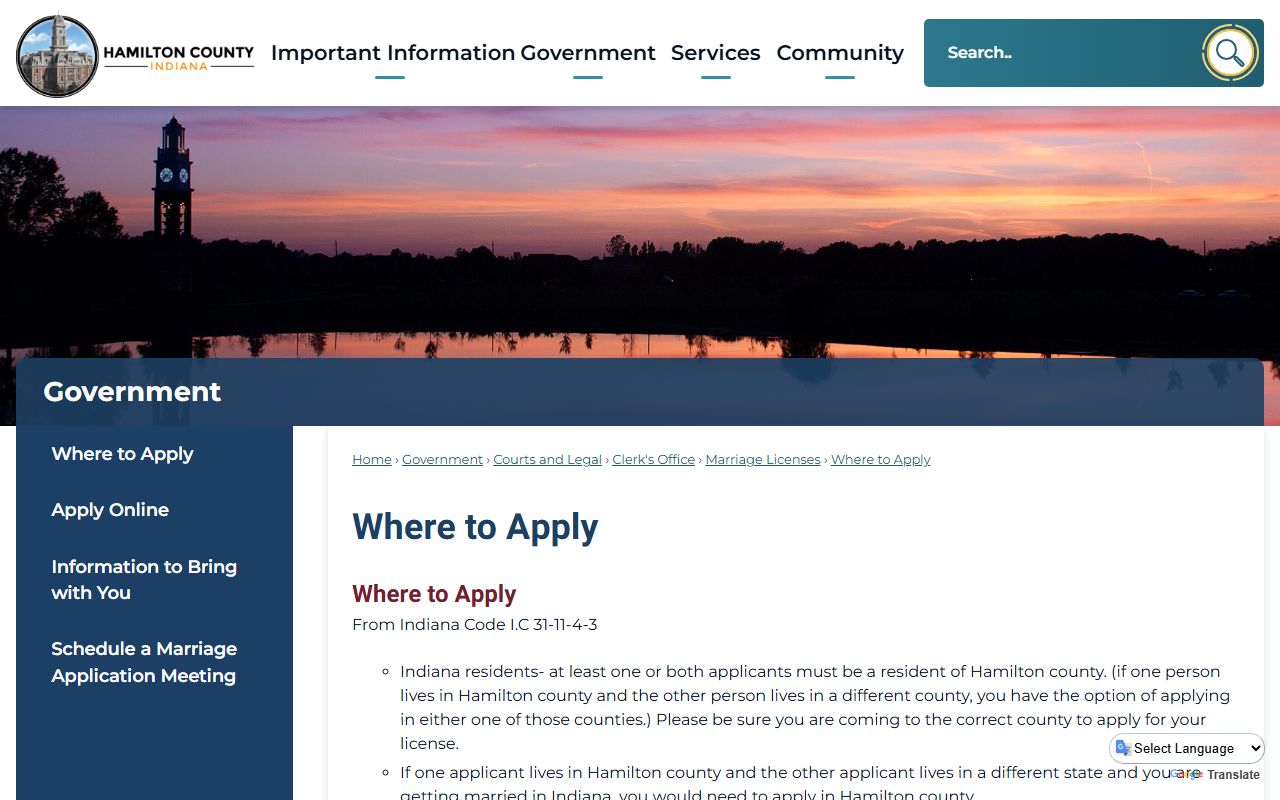 Hamilton County page on where to apply for a marriage license