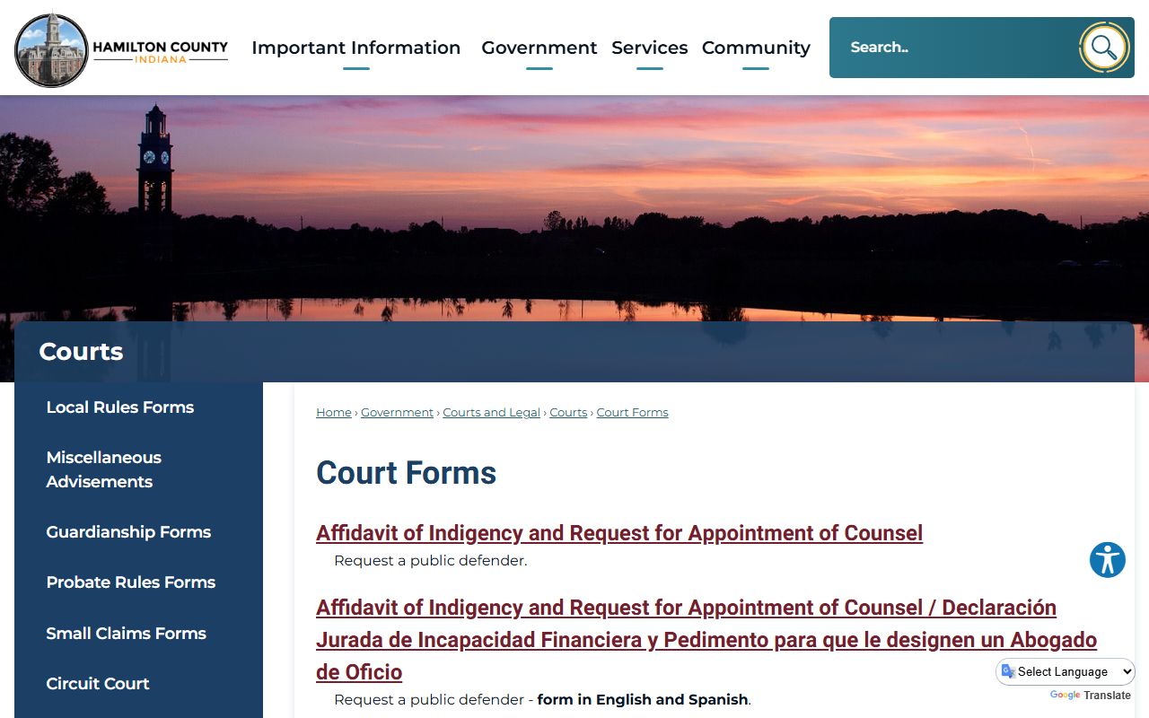 Hamilton County court forms page with probate forms