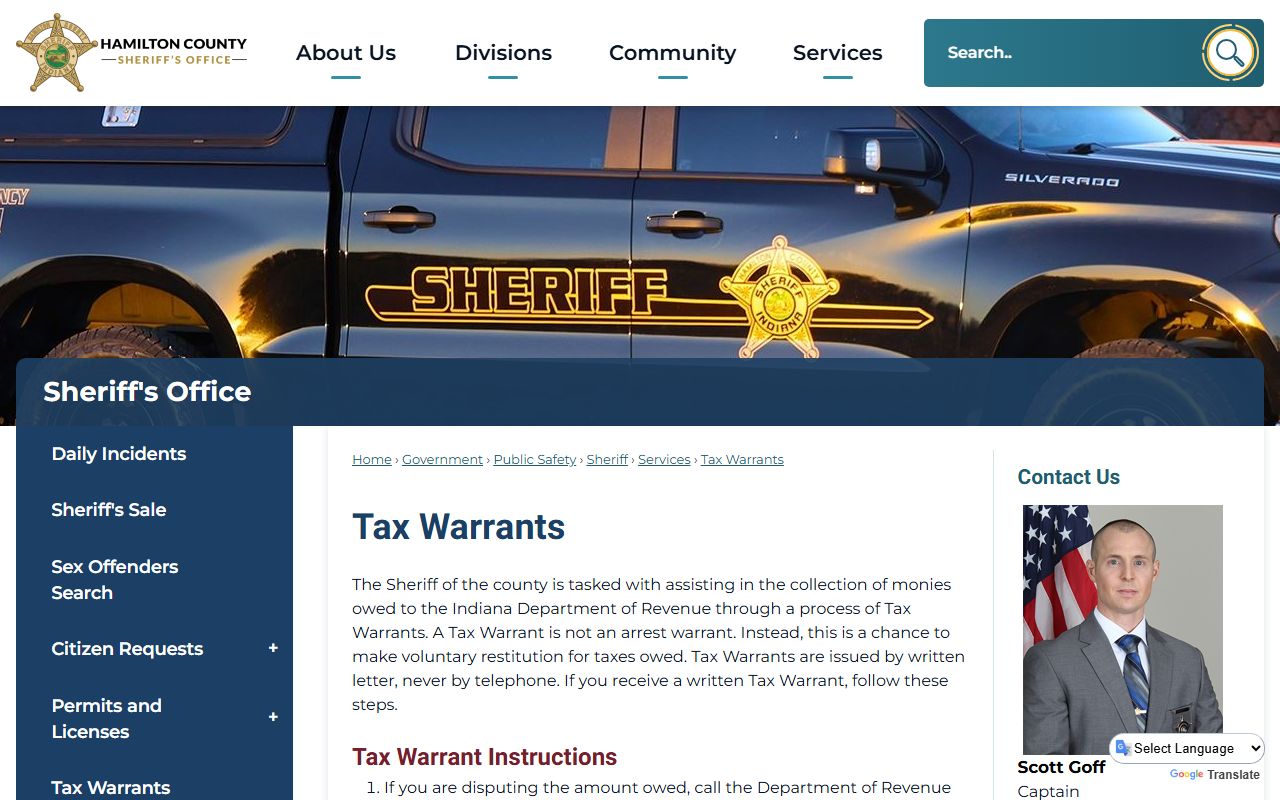 Hamilton County tax warrant page with payment and scam warnings